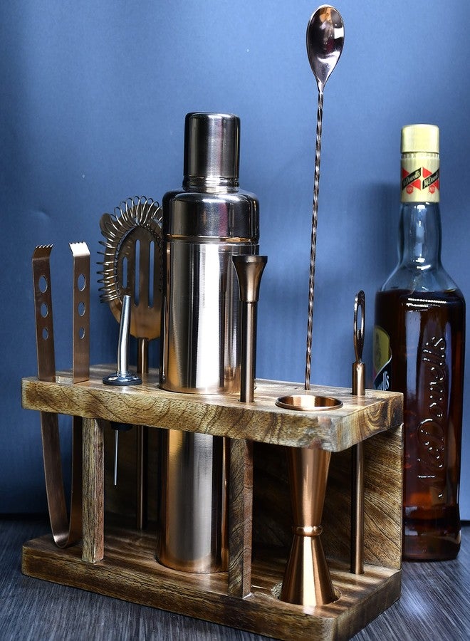 HAINE Barware Tools Bar Set of 8 Pieces Bar Accessories with Wooden Stand, Rose Gold - Image 2